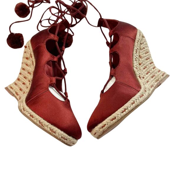 Tory Burch Pom Pom Wedge Espadrilles 5.5 Red NEW - Picture 3 of 10